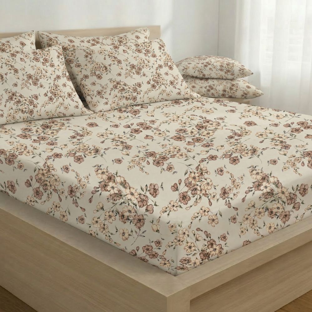 Bavlněné napínací prostěradlo Kvítí béžové, 220x200cm
