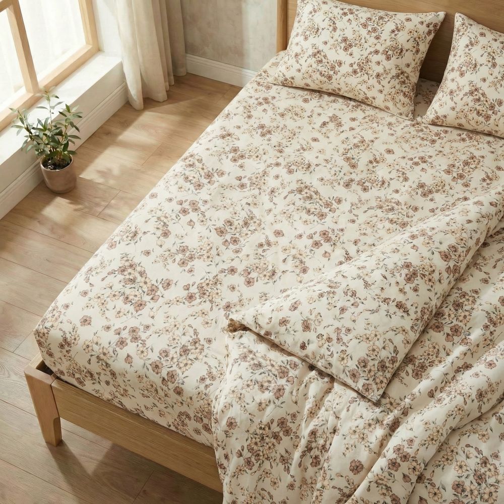 Bavlněné napínací prostěradlo Kvítí béžové, 220x200cm