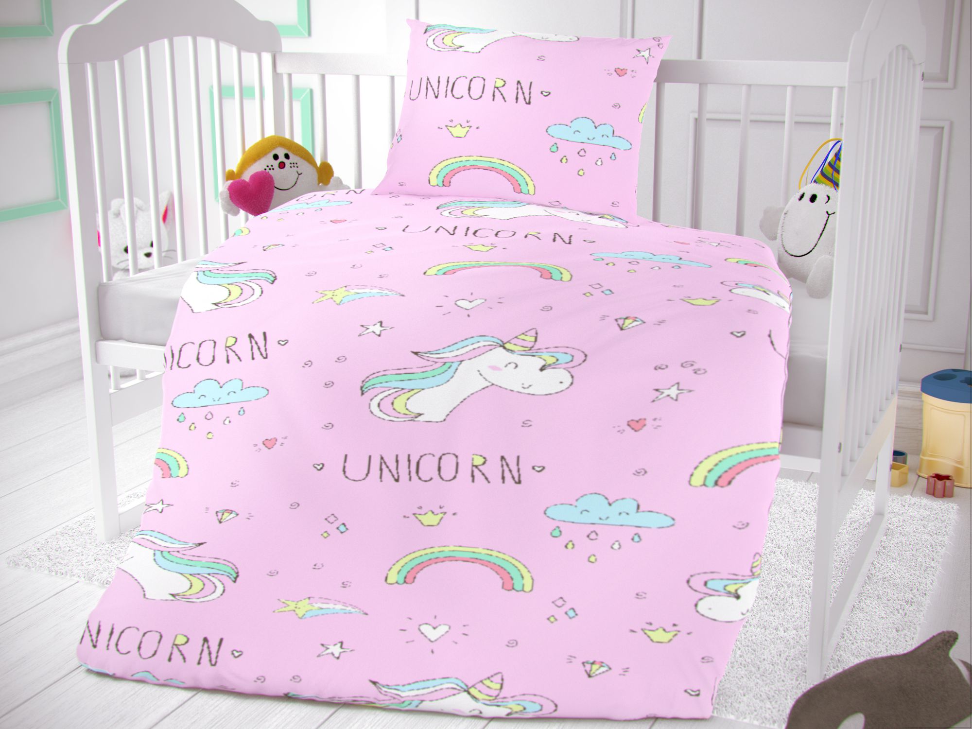 Bavlněné povlečení do dětské postýlky Unicorn růžový, 1x 100/135, 1x 40/60cm