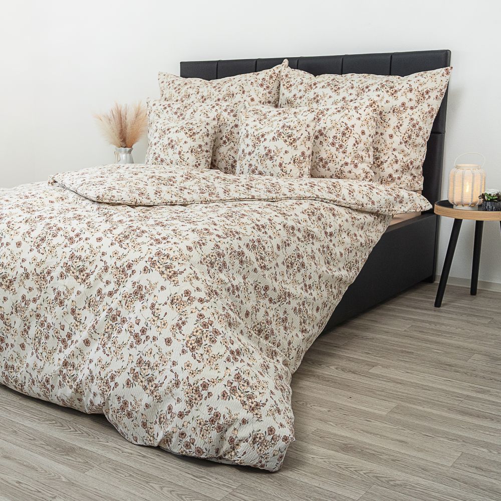 Krepové povlečení Kvítí béžové, 1x 240/220, 2x 70/90cm