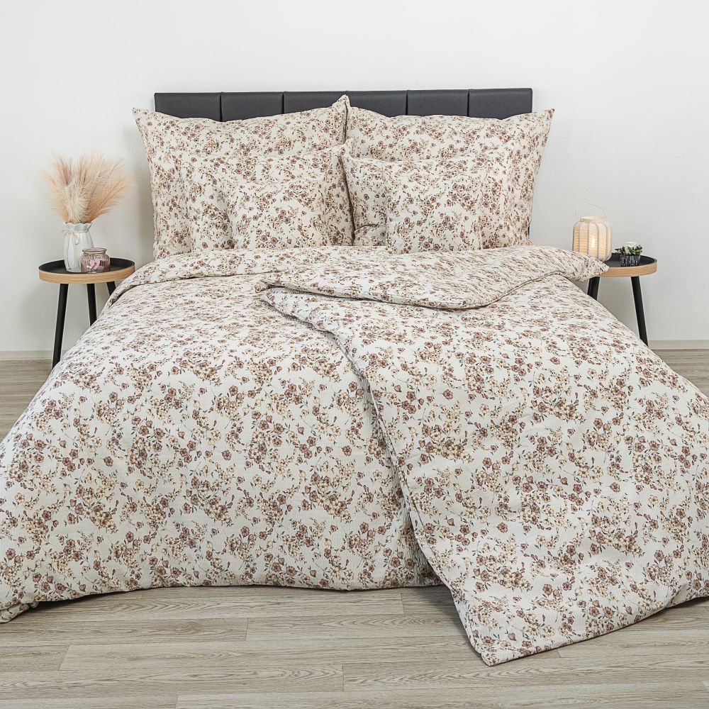 Krepové povlečení Kvítí béžové, 1x 240/220, 2x 70/90cm