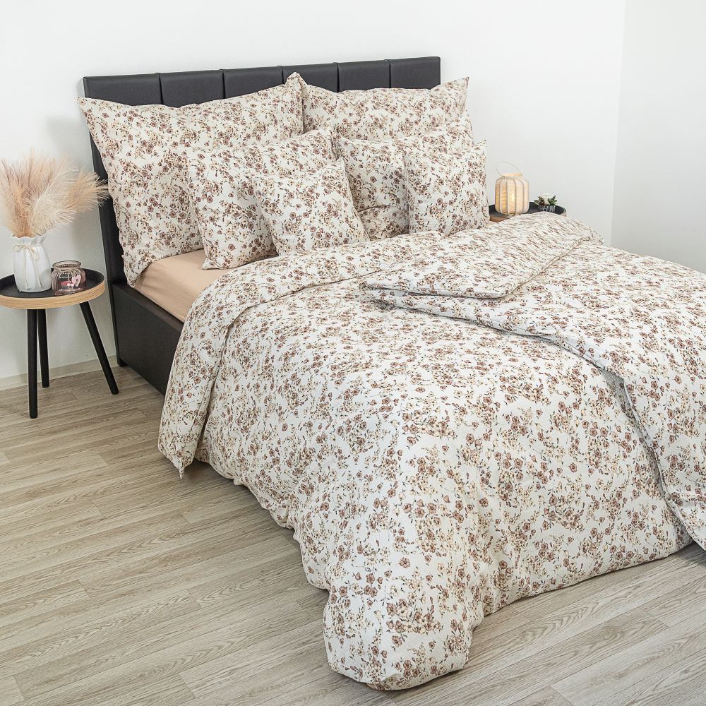 Krepové povlečení Kvítí béžové, 1x 240/220, 2x 70/90cm