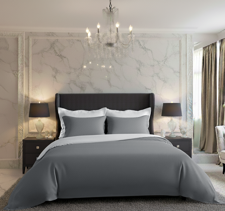 Saténové povlečení LUXURY COLLECTION tmavě šedé/bílé, 1x 200/200, 2x 70/90cm