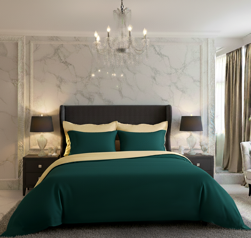 Saténové povlečení LUXURY COLLECTION tmavě zelené/smetanové, 1x 140/220, 1x 70/90cm