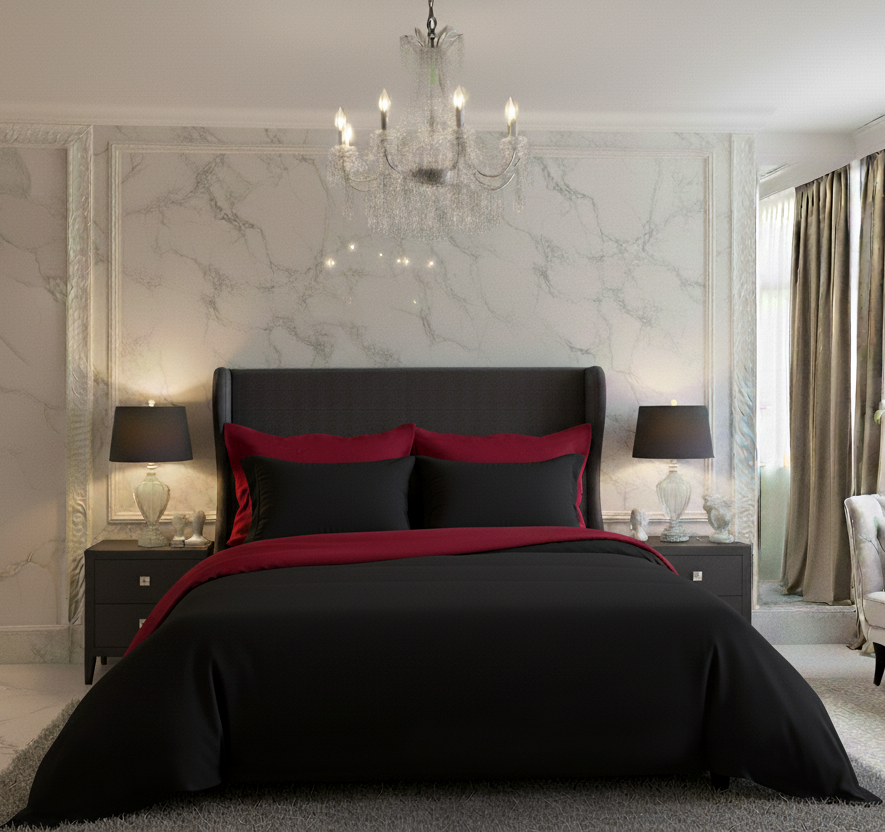 Saténové povlečení LUXURY COLLECTION vínové/černé, 1x 200/200, 2x 70/90cm