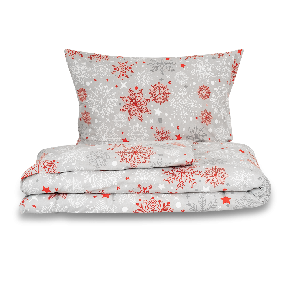 Vánoční flanelové povlečení VLOČKY červenošedé, 1+1, 140x200, 70x90cm
